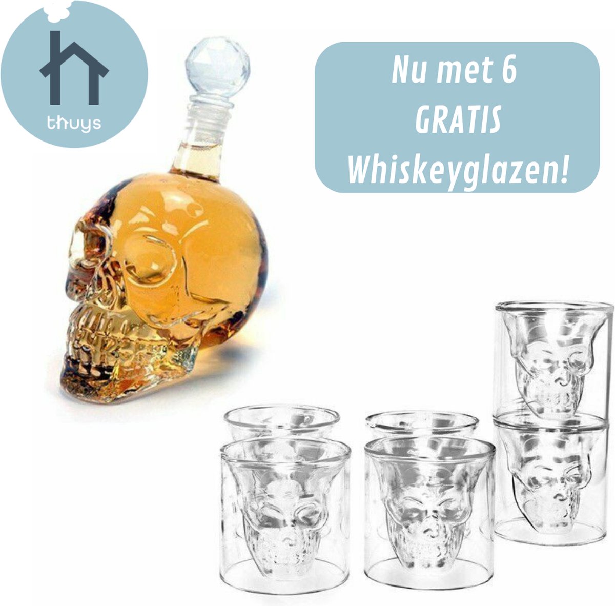 Thuys Luxe Whiskey Karaf - Whiskey / Wijn Decanter - Whiskey Skull Design Whiskey Set Met 6 Glazen - 700 ml