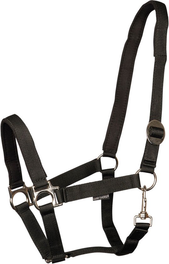 Zwart halster van Harry's Horse met zilverkleurige gespen en zwarte padding.