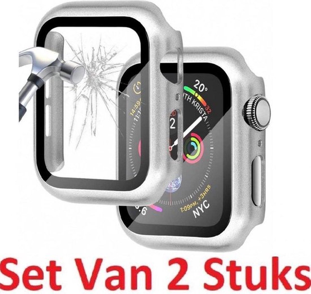Full Cover Tempered Glass Screen Protector Case Bumper Hoesje Geschikt Voor Apple Watch SE 2022 40mm - iWatch SE 40 MM Beschermkap Beschermhoes Screenprotector Beschermer Hoes - 360 Graden Bescherming - Gehard Glas - Zilver - Set Van 2 Stuks