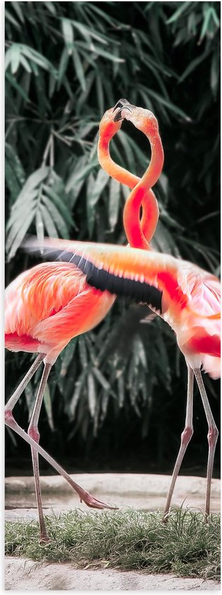 WallClassics - Poster Glanzend – Dansende Flamingo's - 20x60 cm Foto op Posterpapier met Glanzende Afwerking