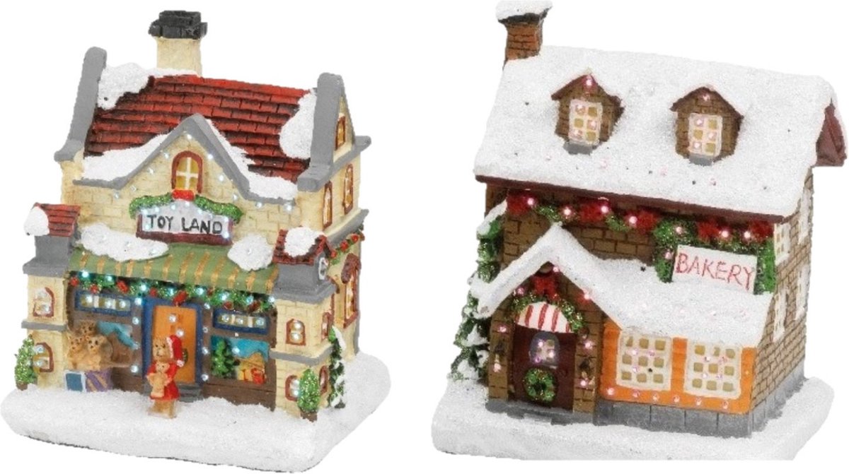 Set van 2x stuks Kerstdorp kersthuisjes bakkerij en speelgoedwinkel met verlichting 12,5 cm - Kerstversiering/kerstdecoratie