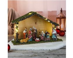 HI Verlichte kerststal - porselein/mos/hout - 40 x 16 x 26 cm - incl. 9 beeldjes/figuren - kerstversiering