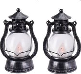 2x Zwart/grijze lantaarn decoratie 12 cm vlam LED licht op batterijen - Feestverlichting themafeest