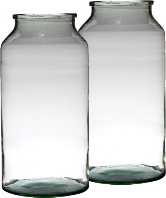Set van 2x stuks bloemenvazen van gerecycled glas met hoogte 42.5 cm en diameter 22.5 cm - Glazen transparante vazen