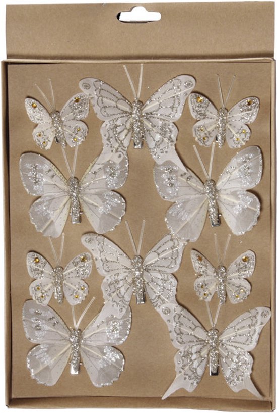 20x stuks decoratie vlinders op clip champagne - Kerstversiering/woondecoratie/bruiloft versiering