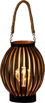Led sfeer lantaarn/lamp zwart/goud rond met timer B16 x H22 cm - Woondecoratie/kerstversiering sfeerverlichting