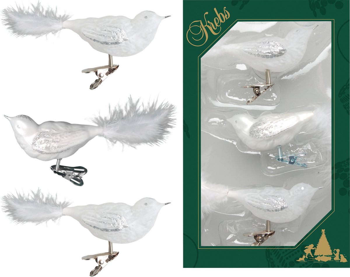6x stuks luxe glazen decoratie vogels op clip wit 11 cm - Decoratievogeltjes - Kerstboomversiering