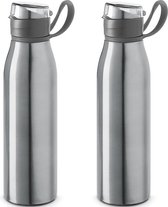 2x Stuks aluminium waterfles/drinkfles zilver met klepdop en handvat 650 ml - Sportfles - Bidon