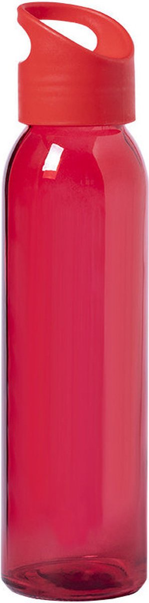 Glazen waterfles/drinkfles rood transparant met schroefdop met handvat 470 ml - Sportfles - Bidon