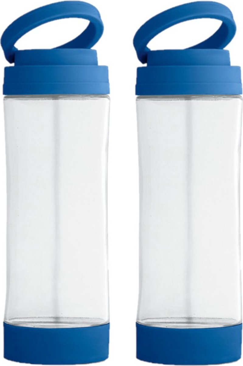 2x Stuks glazen waterfles/drinkfles met blauwe kunststof schroefdop en smartphone houder 390 ml - Sportfles - Bidon
