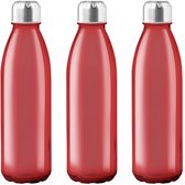3x Stuks glazen waterfles/drinkfles rood transparant met Rvs dop 500 ml - Sportfles - Bidon