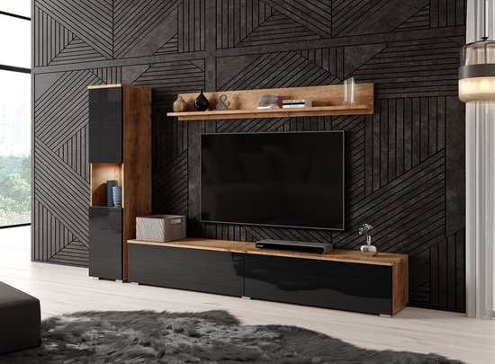 Meubella - Wandmeubel Pure - Zwart - Donker eiken