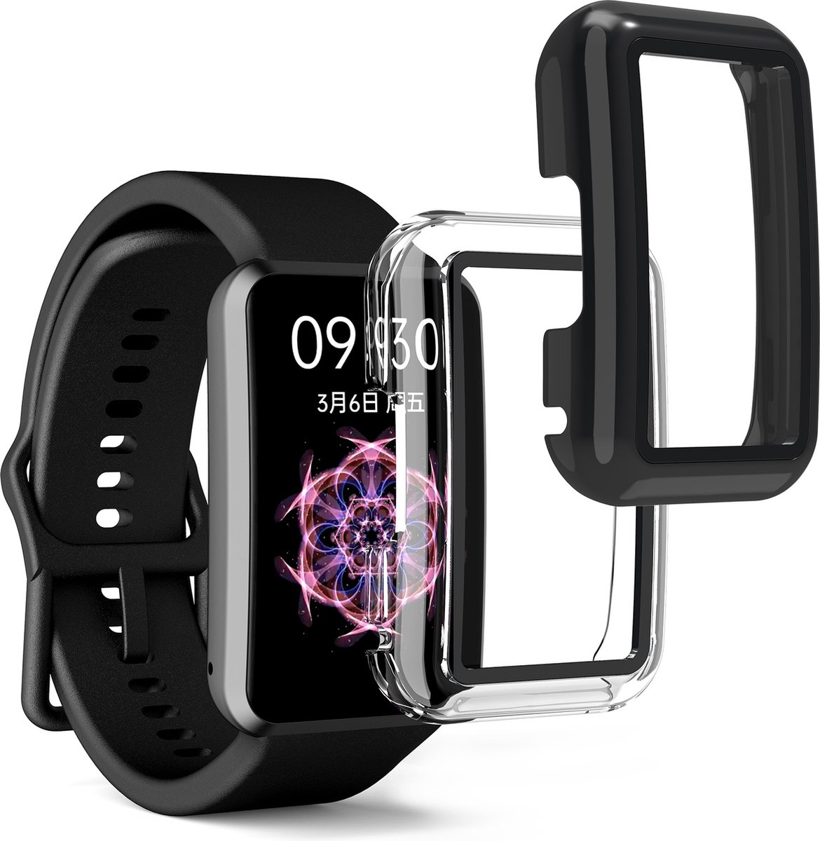 kwmobile 2x cover geschikt voor Oppo Watch Free - Fitnesstracker cover van gehard glas en kunststof frame set zwart / transparant