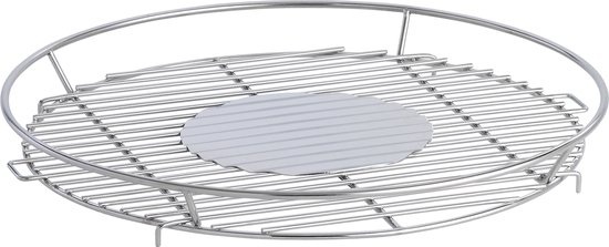 LotusGrill Classic Rooster rvs - Ø320mm, een metalen rooster met een ronde, platte schijf in het midden.