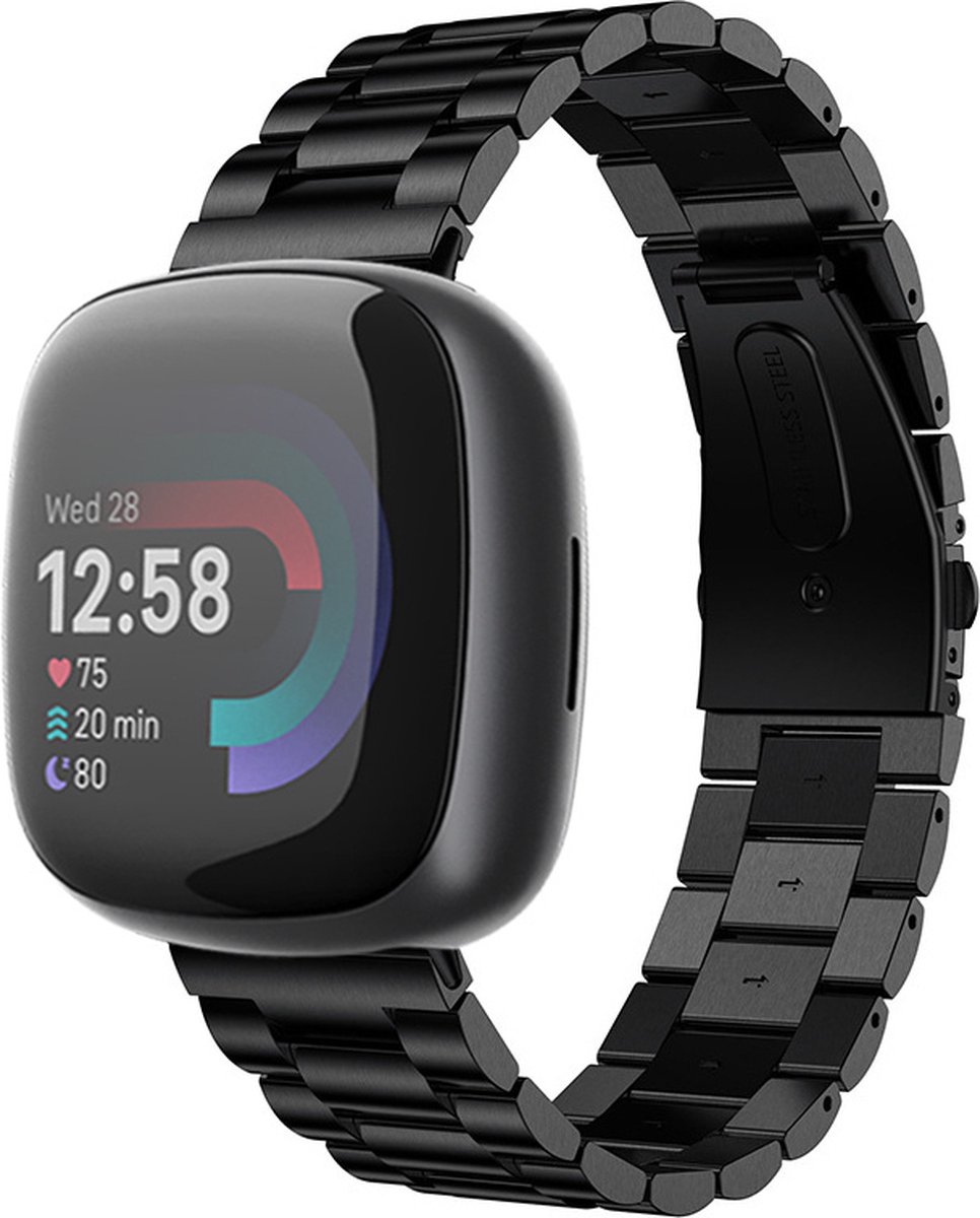 Strap-it Stalen Schakel Bandje – Geschikt voor Fitbit Versa 4 / Sense 2 – Zwart