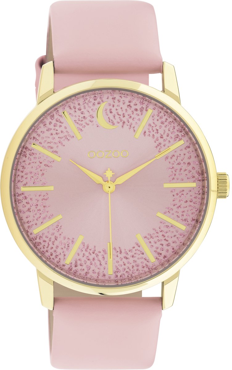 OOZOO Timpieces - Gouden horloge met poeder roze leren band - C11042
