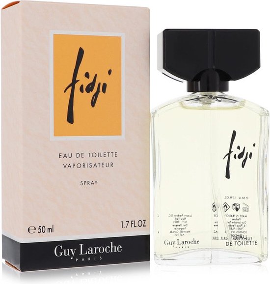 Fidji Eau de Toilette 50 ml flacon met zwarte dop en bijpassende doos.