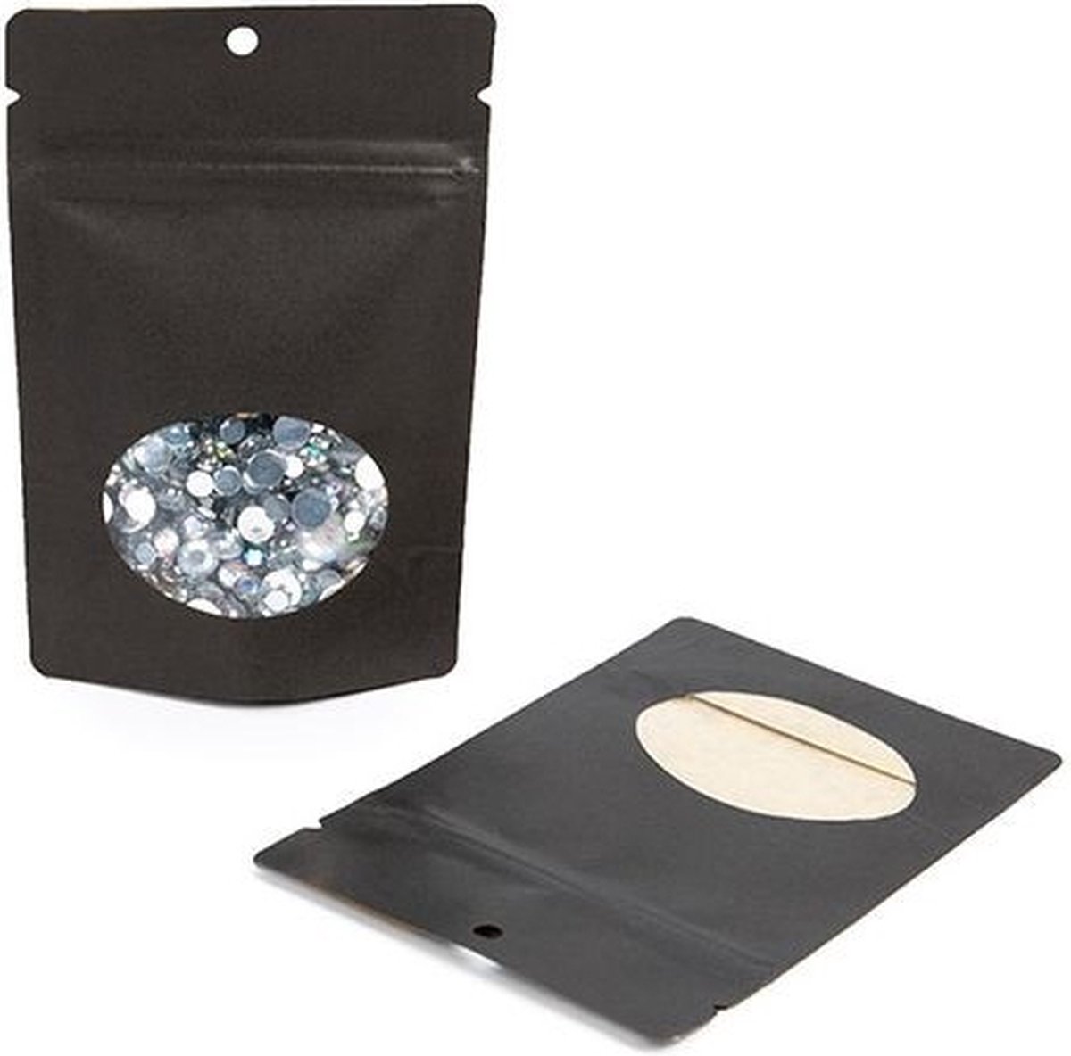 Goedkoopste Stazakken Kraft Zwart met ovaal Venster 102x60x152mm | 57 gram met rond ophanggat - 100 stuks