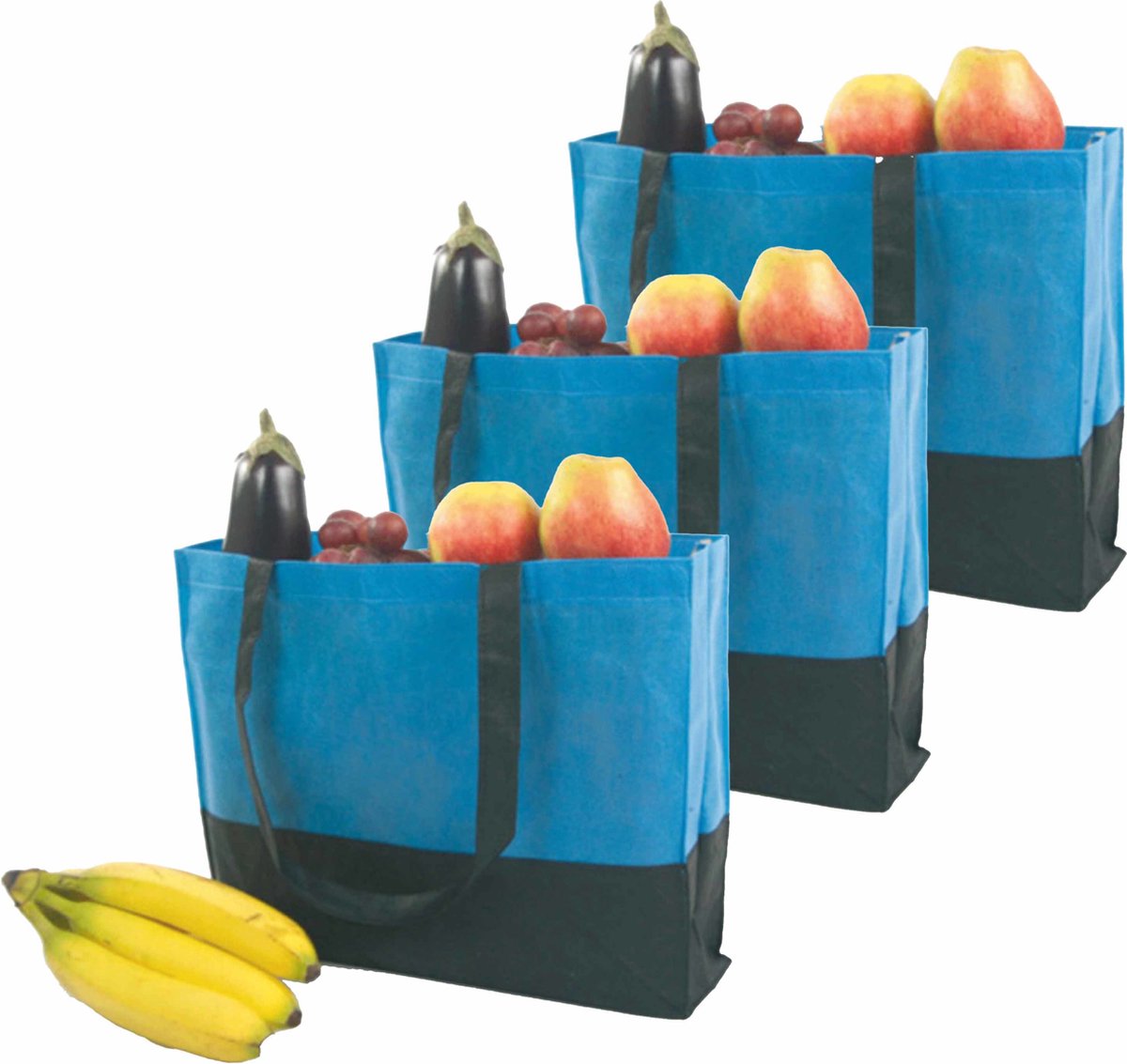 Boodschappentas - 3x stuks - blauw - 38 x 29 x 10 cm - groot - draagtas - strandtas