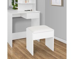 ECD Germany Kaptafel krukje, wit, 40 x 43 x 29,5 cm, elegant design, hoog zitcomfort, houten zitting krukje met gecapitonneerd kussen en bekleding van kunstleer, Modern gestoffeerd make-up krukje