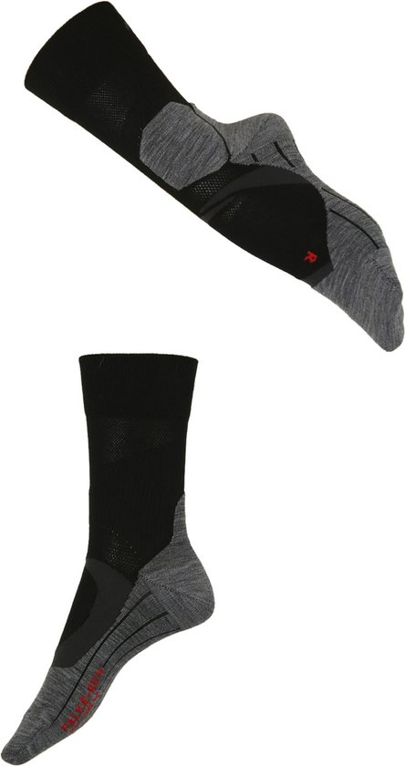 Zwarte en grijze FALKE hardloopsokken met rode 'R' en Falke logo.