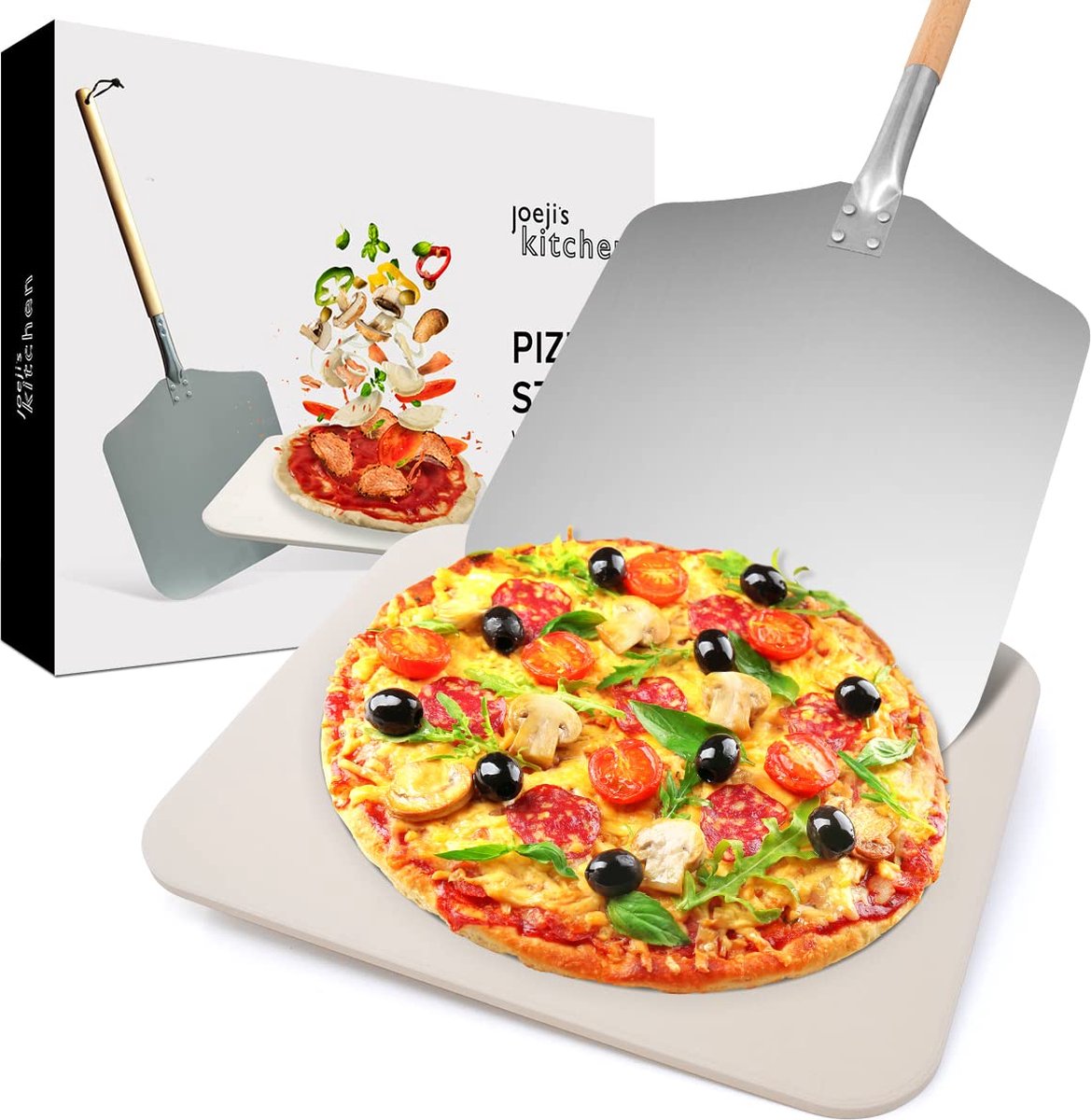 Joejis Italiaanse Pizzasteen & Pizzaschep Set | Pizzasteen voor Oven Gebruik | Pizzasteen voor Barbecue | Rechthoekig, 30cm x 38cm