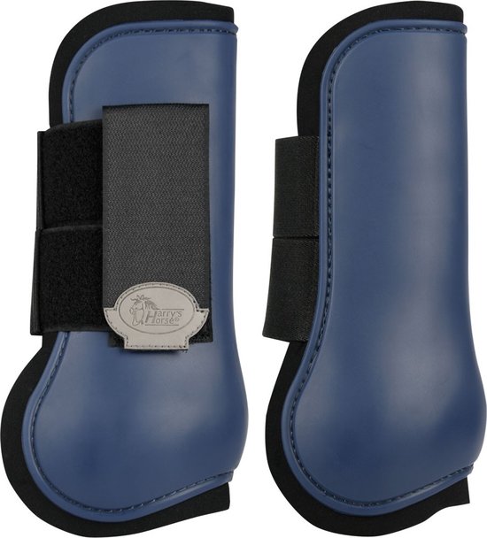 Donkerblauwe peesbeschermers met klittenbandsluiting en zwarte rand.