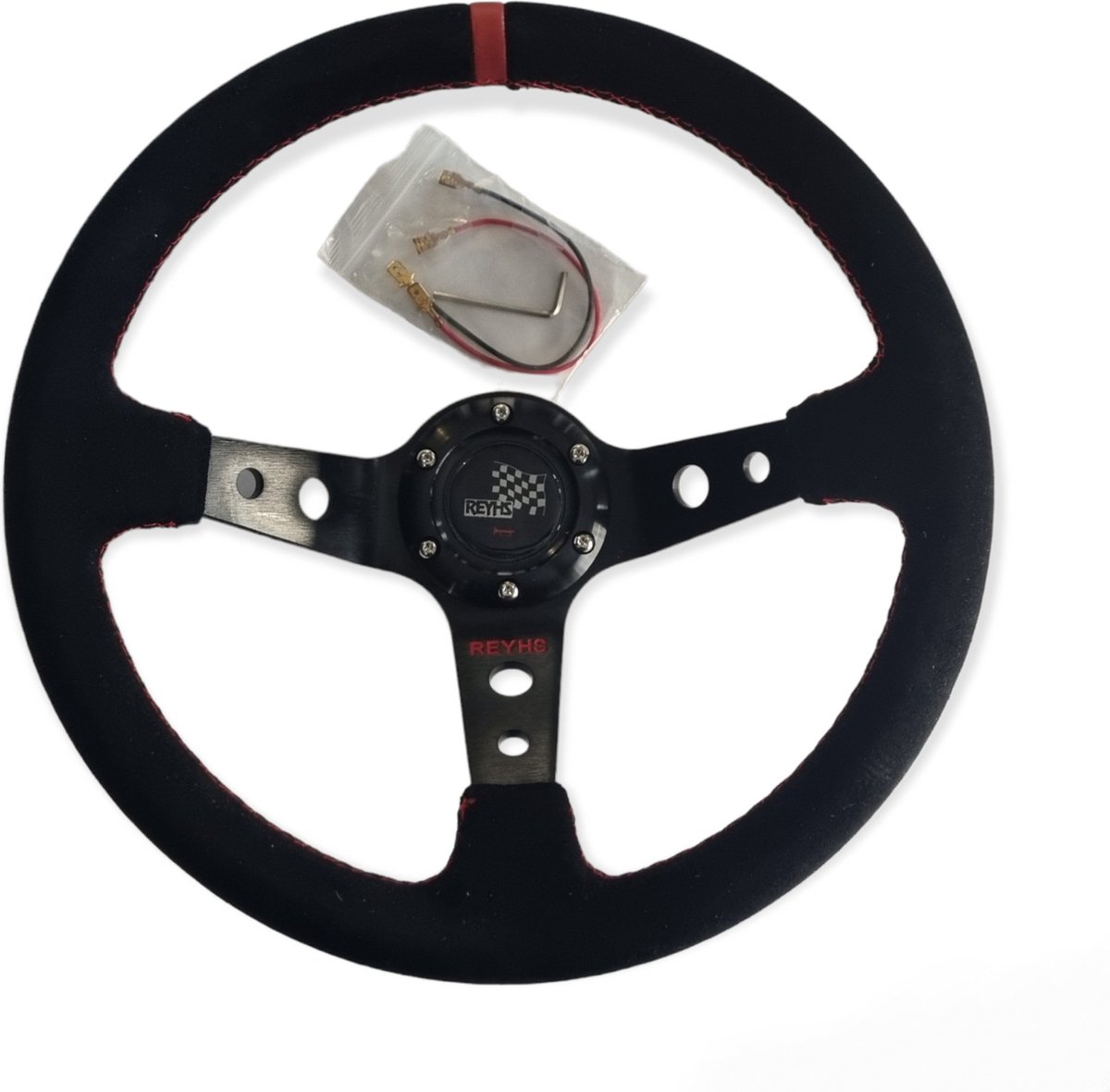 Reyhs -  Deep Dish sportstuur - rood - 14" - suede leer - race - drift - stuurnaaf
