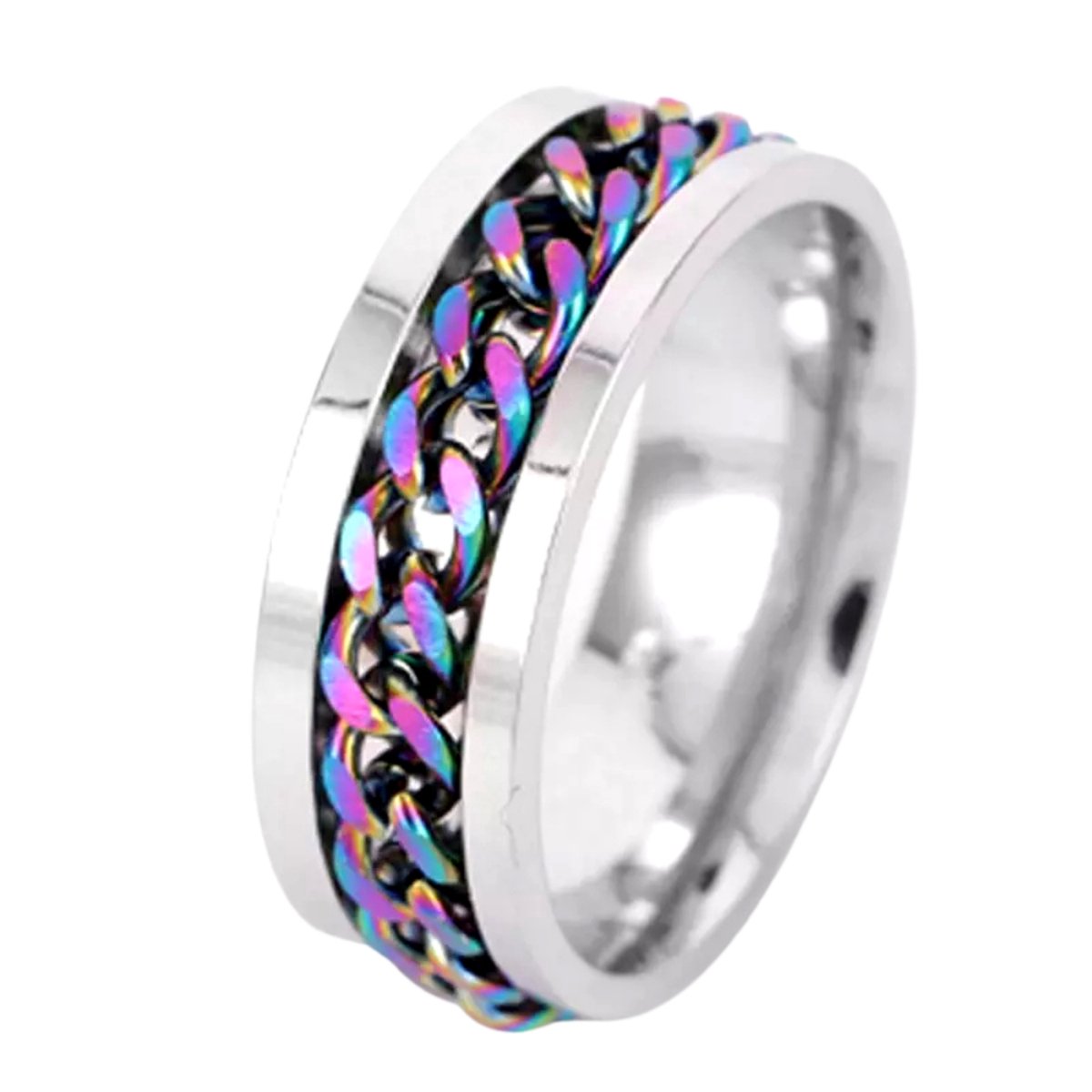 Anxiety Ring - (Kettinkje) - Stress Ring - Fidget Ring - Anxiety Ring For Finger - Draaibare Ring - Spinning Ring - Regenboog - (23.25 mm / maat 73)