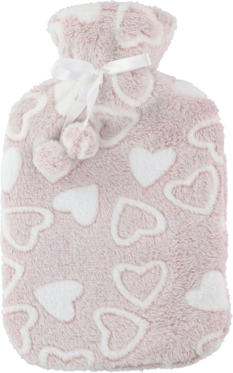 Goedkoopste Warmwaterkruik - fleece hoes - hartjes print beige - 2 liter