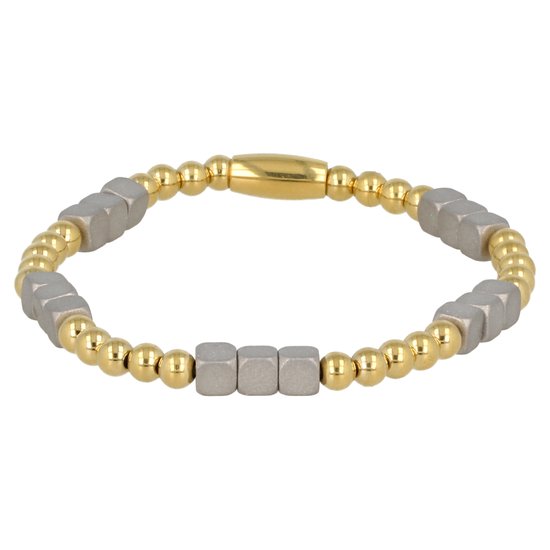 Edelstalen elastische armband - Leuke armband waarbij de balletjes gecombineerd zijn met matte goudkleuringe cubes - Met luxe cadeauverpakking