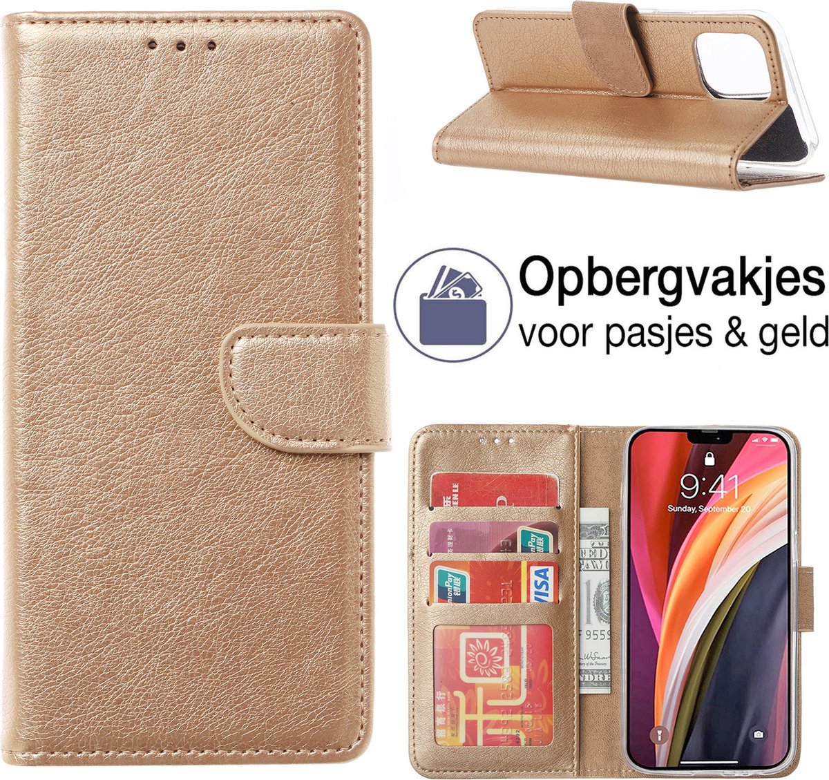 Hoesje geschikt voor iPhone 14 plus Book Case - Portemonnee hoesje - PU Lederen hoes - iPhone 14 plus wallet case - Goud - EPICMOBILE