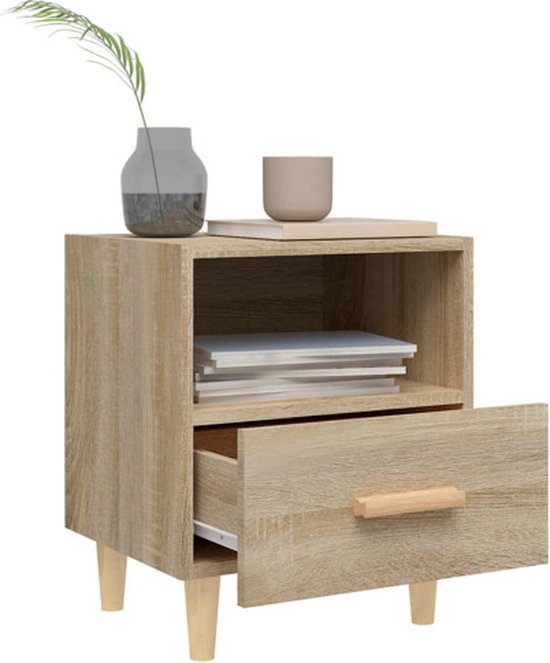 Table de chevet avec compartiment ouvert, tiroir ouvert, couleur chêne sonoma, décoration dessus.