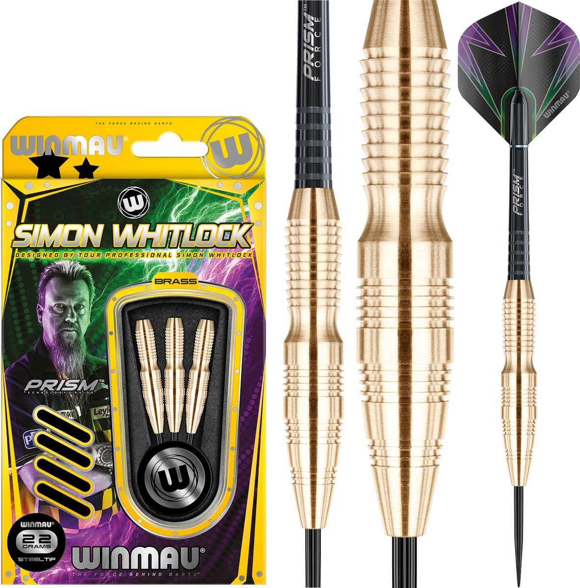 WINMAU - Simon Whitlock Brass: Steeltip Tungsten Dartpijlen Professioneel - 22g