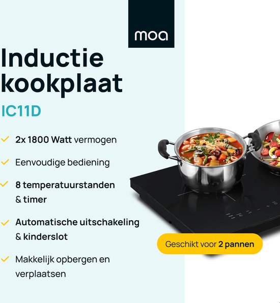 MOA Inductie Kookplaat Vrijstaand - 2 pits - 2 x 1800 Watt - IC11D - Zwart - MOA