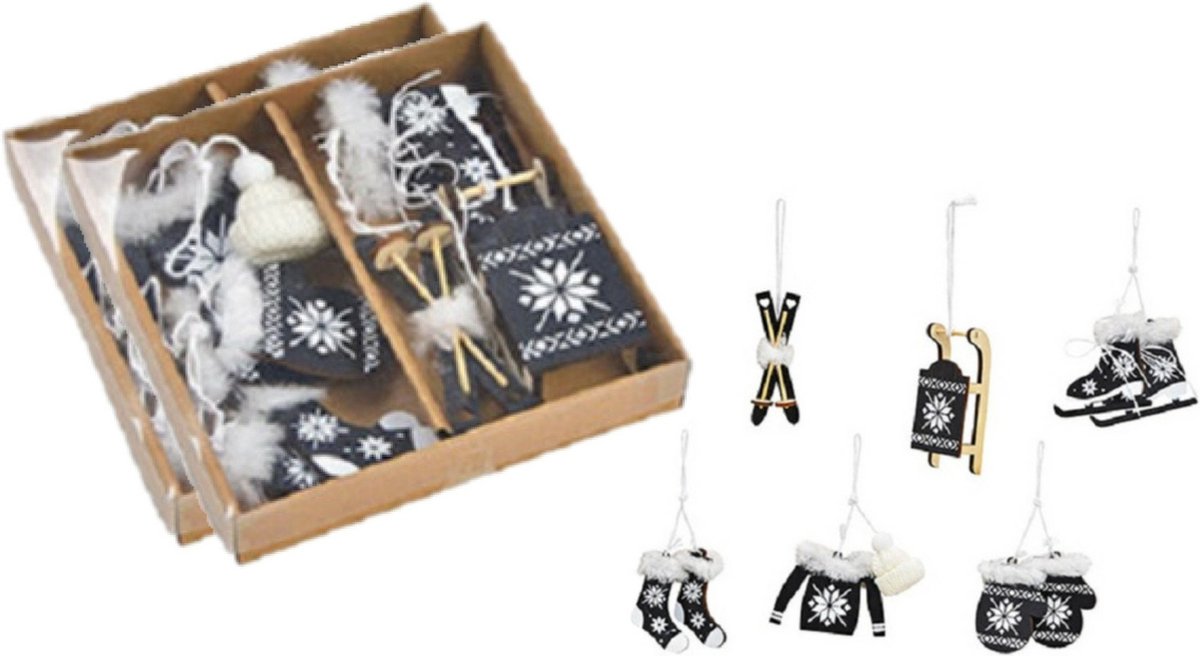 12x stuks houten kersthangers zwart wintersport thema kerstboomversiering - Kerstversiering kerstornamenten