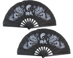 Chinees/aziatisch Waaier - Set van 2x stuks - Tai Chi - zwart - 62 x 33 cm - Oosters decoratie voor muur