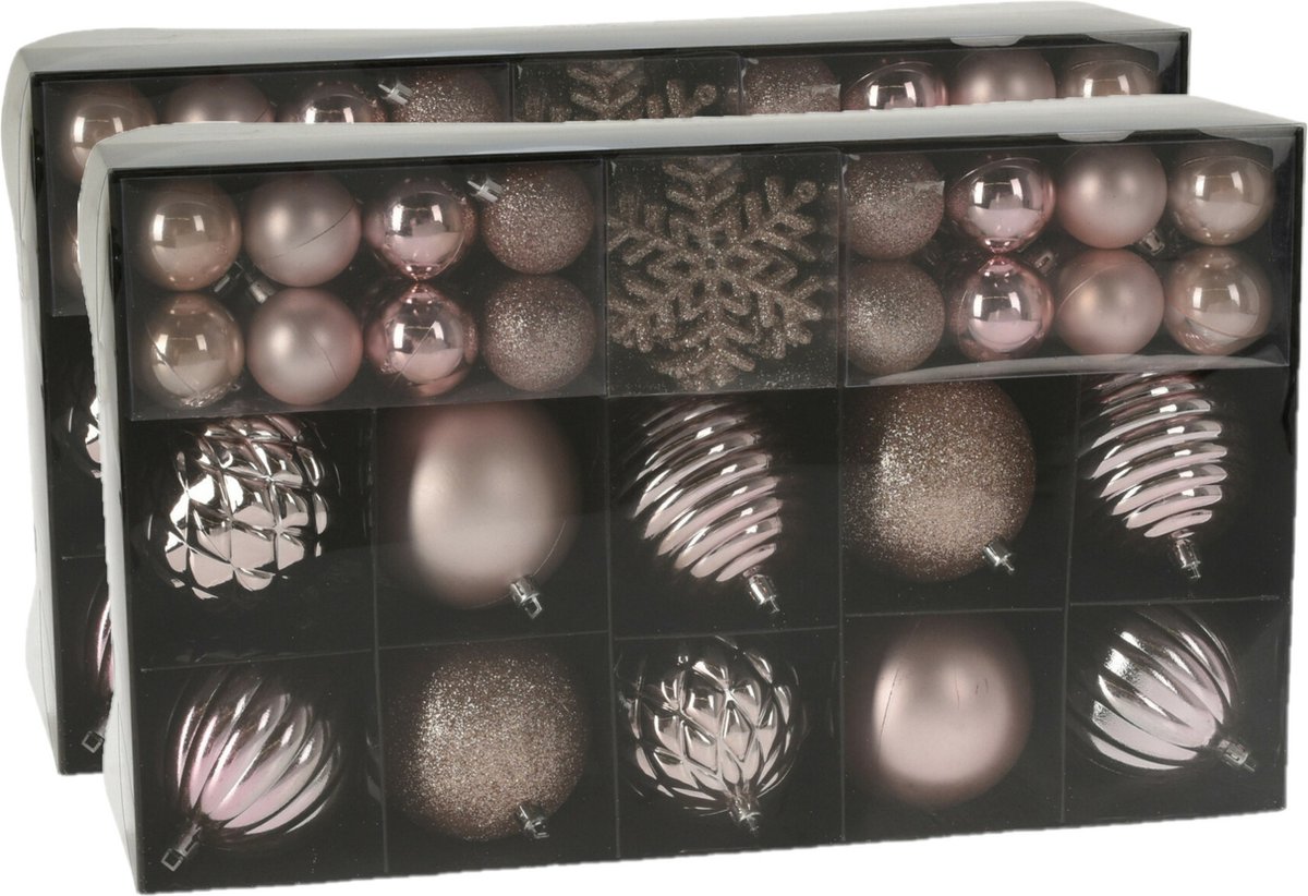 Set van 100x stuks kunststof kerstballen en sneeuwvlok kersthangers roze - Kerstboomversiering kerstornamenten