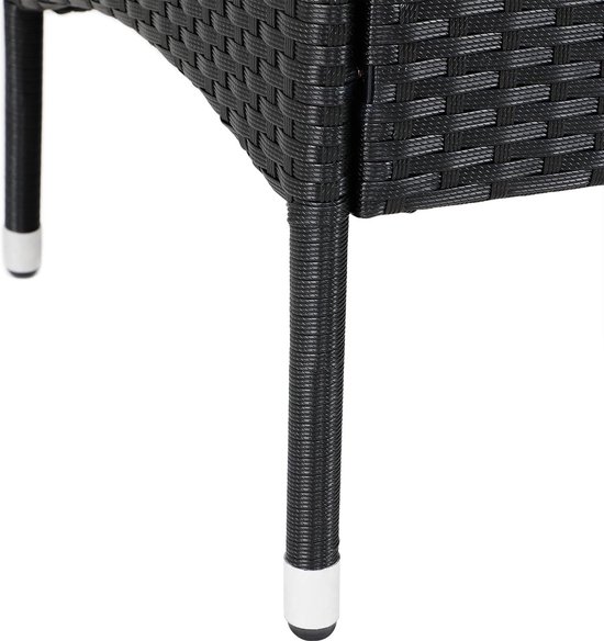Onderkant van de zwarte polyrattan bank, met details van de poten en de vlechtstructuur.