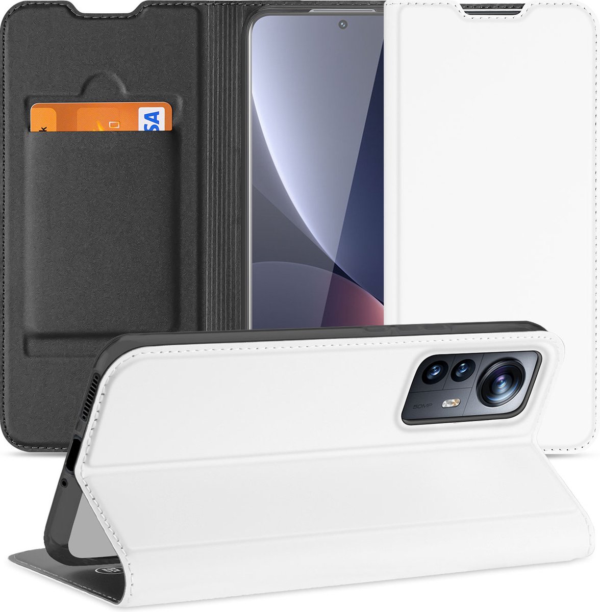 Hoesje Xiaomi 12 Pro Bookcase Wit met Pashouder en Standaard