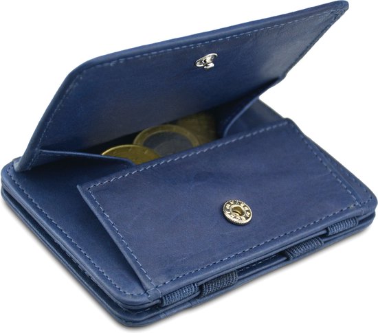 Hunterson compacte Portemonnee voor heren en dames uit leder, Kaarthouder met RFID-bescherming, Portefeuille met muntvak en plaats voor 6 kaarten, Magic Wallet, Blauw