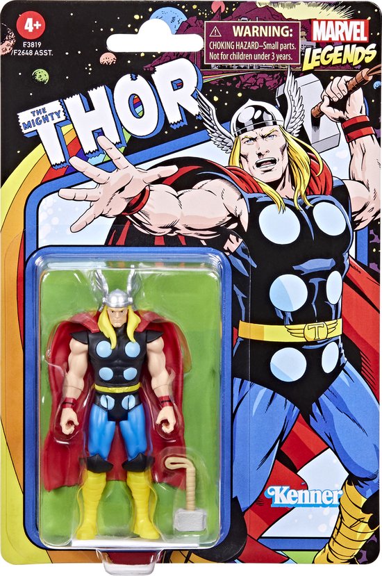 Thor actiefiguur in verpakking met retro artwork en waarschuwingstekst.