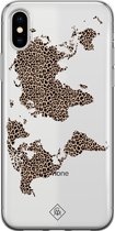 Casimoda® hoesje - Geschikt voor iPhone Xs - Wereldkaart blauw luipaard - Siliconen/TPU telefoonhoesje - Backcover - Transparant - Bruin/beige