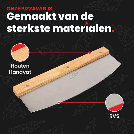 Pizzasnijder met houten handvat en RVS blad, maatindicatie 33cm.