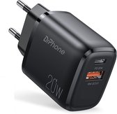 DrPhone HALO-N2 - 20W Oplader met USB-C PD +  QC 3.0 USB Lader - 80% - 35 minuten - Stekker Voor Smartphone / Tablet - Zwart