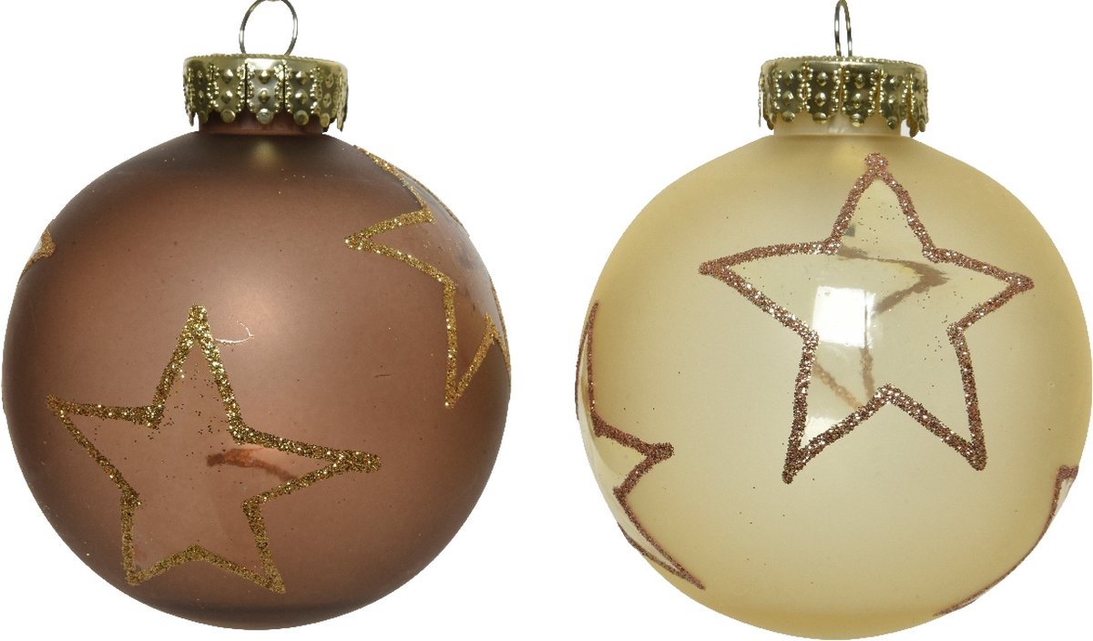 Set van 2 kunststof kerstballen in rood en goud, merk Decoris.
