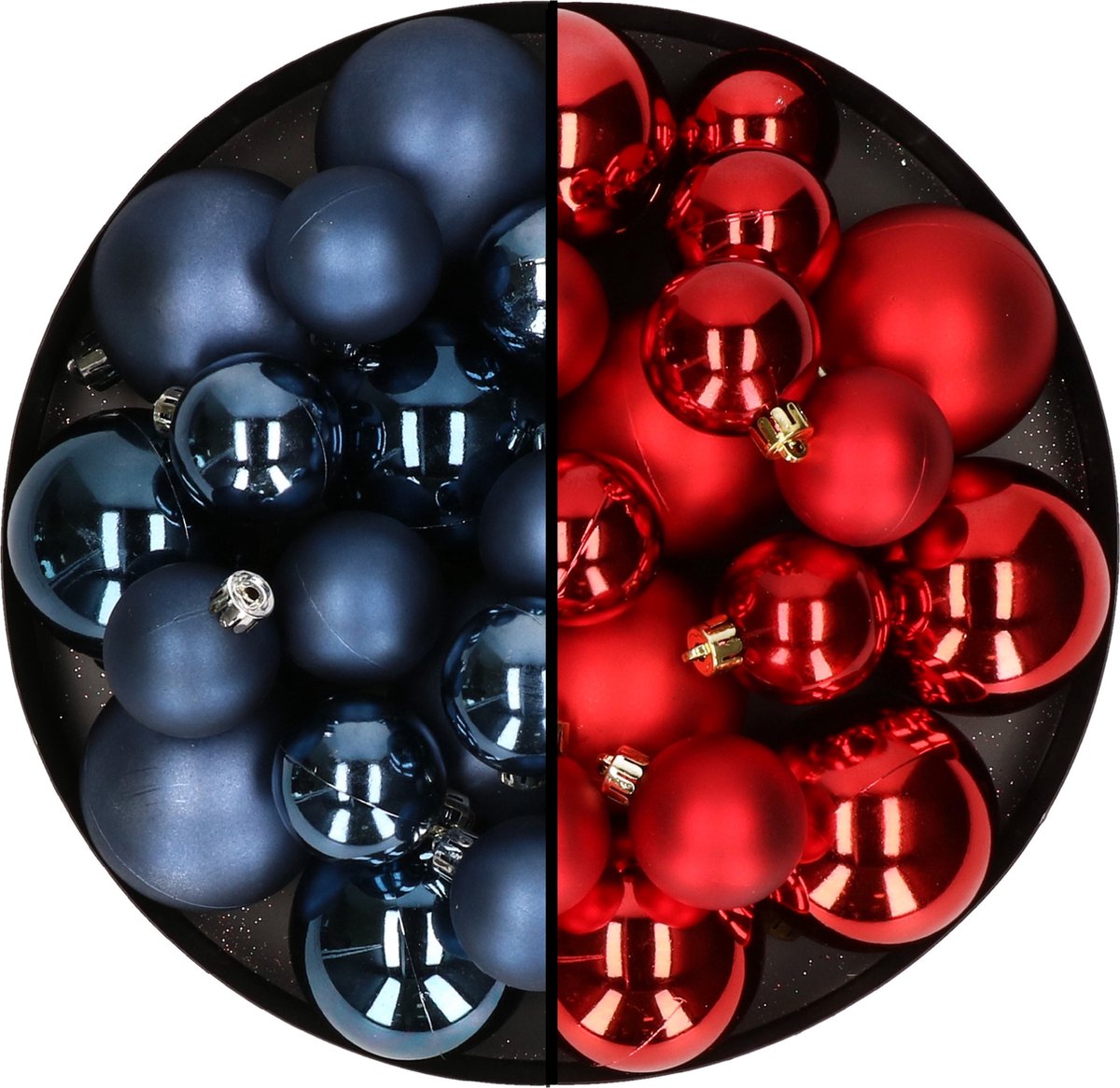 Decoris Kerstballen Mix kunststof - rood en donkerblauw - 6-8-10 cm - mat en glans - 44 stuks - ophangdraadjes