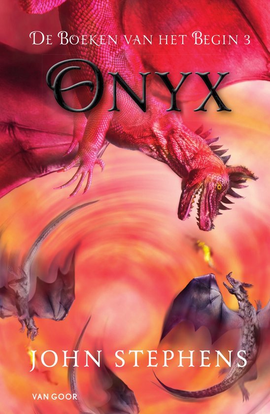 Boekomslag met een grote rode draak met vleugels tegen een gele en oranje achtergrond. De titel 'Onyx' staat centraal.