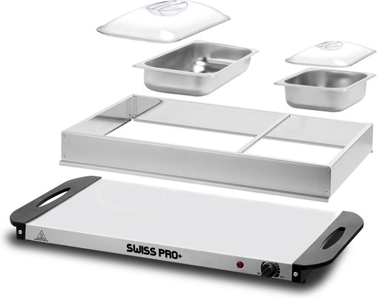 Swiss Pro+ buffetwarmer - elektrisch met kookplaatfunctie, temperatuurregelaar, RVS - opwarmapparaat, voedselverwarmer, warmhoudplaat Buffet - 2 x 2.5 Liter & 2 x 1 Liter - Buffetwarmer met Warmhoudplaat - Au Bain Marie - Warmhoudplaat -SP-BUF300 — afbeelding 4