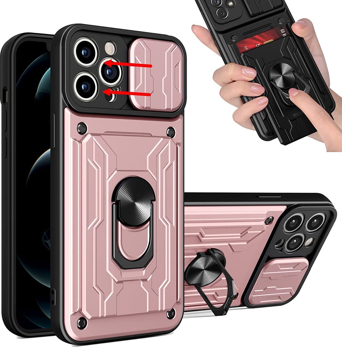 Hoesje Geschikt voor iPhone 13 Pro met pashouder / Ringhouder / lens bescherming – Rosegoud